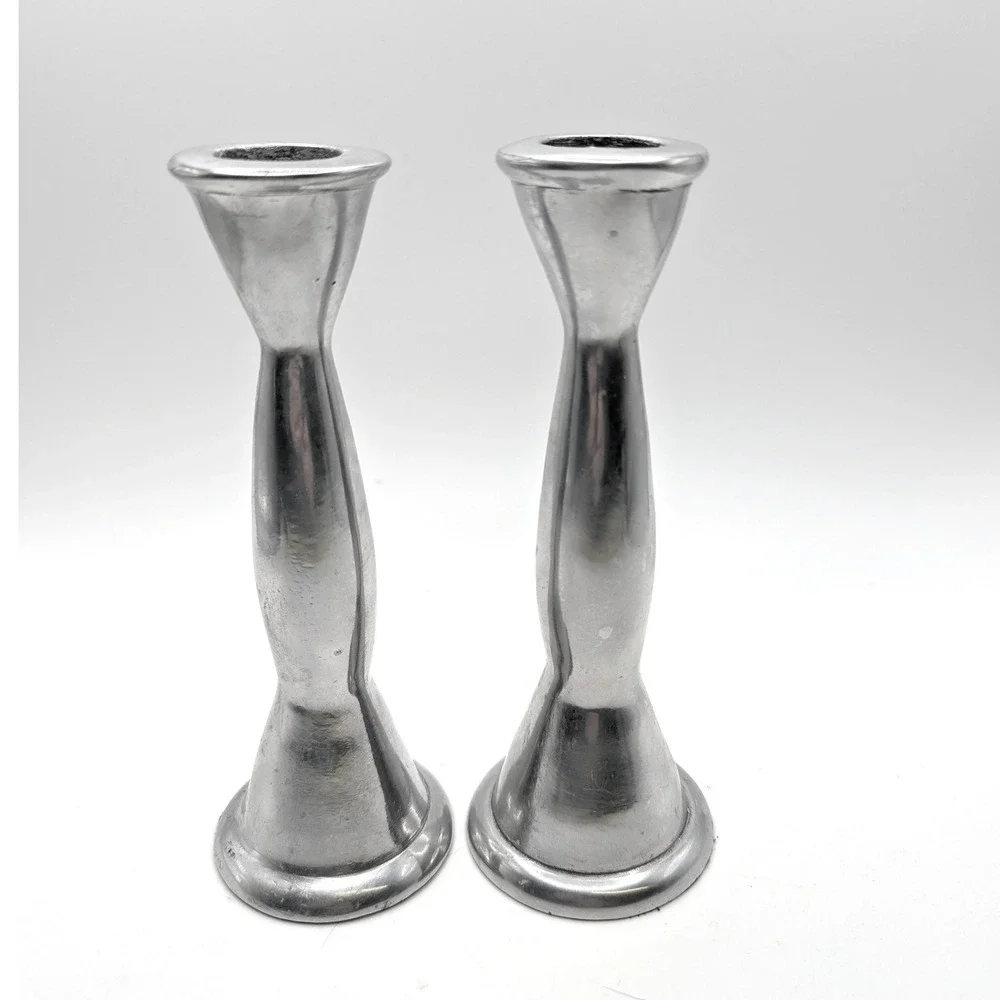 Vtg MCM Pewter Metal‎ Taper Candle Holders Pair Minimalist Hourglass Silver 6.5